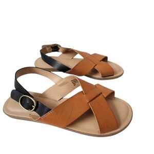 Loft Womens Cross Strap Slingback Sandal Tan Upper Black Ankle Strap Buckle 9M